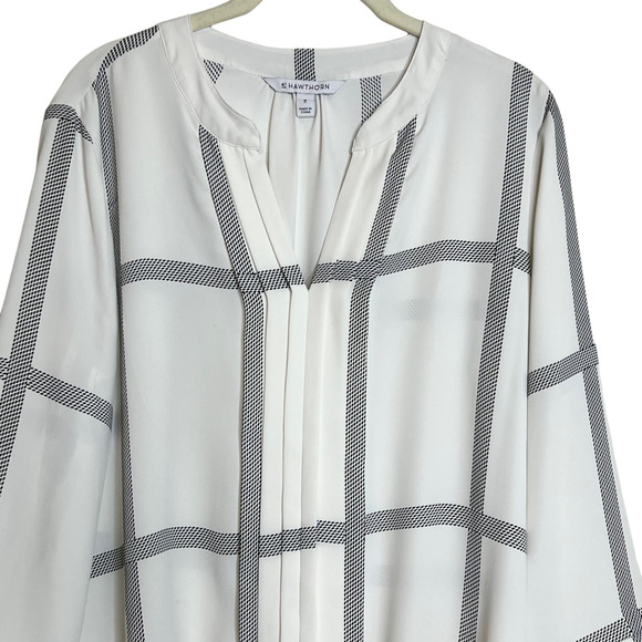 41 Hawthorn Womens Blouse Size Medium White Black Windowpane 3/4 Sleeve Chiffon - Picture 2 of 7